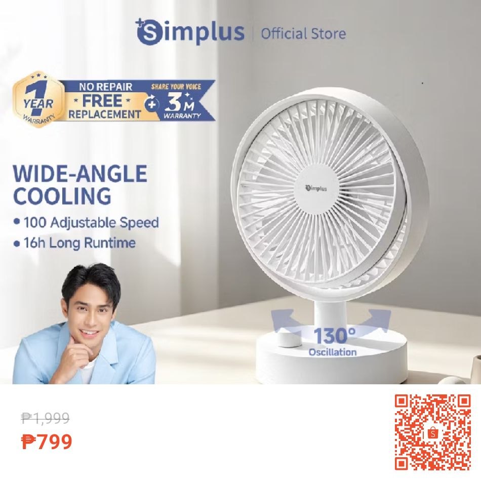Simplus Desktop Fan Stepless Speed Adjustment 16h Runtime Type-C Charging